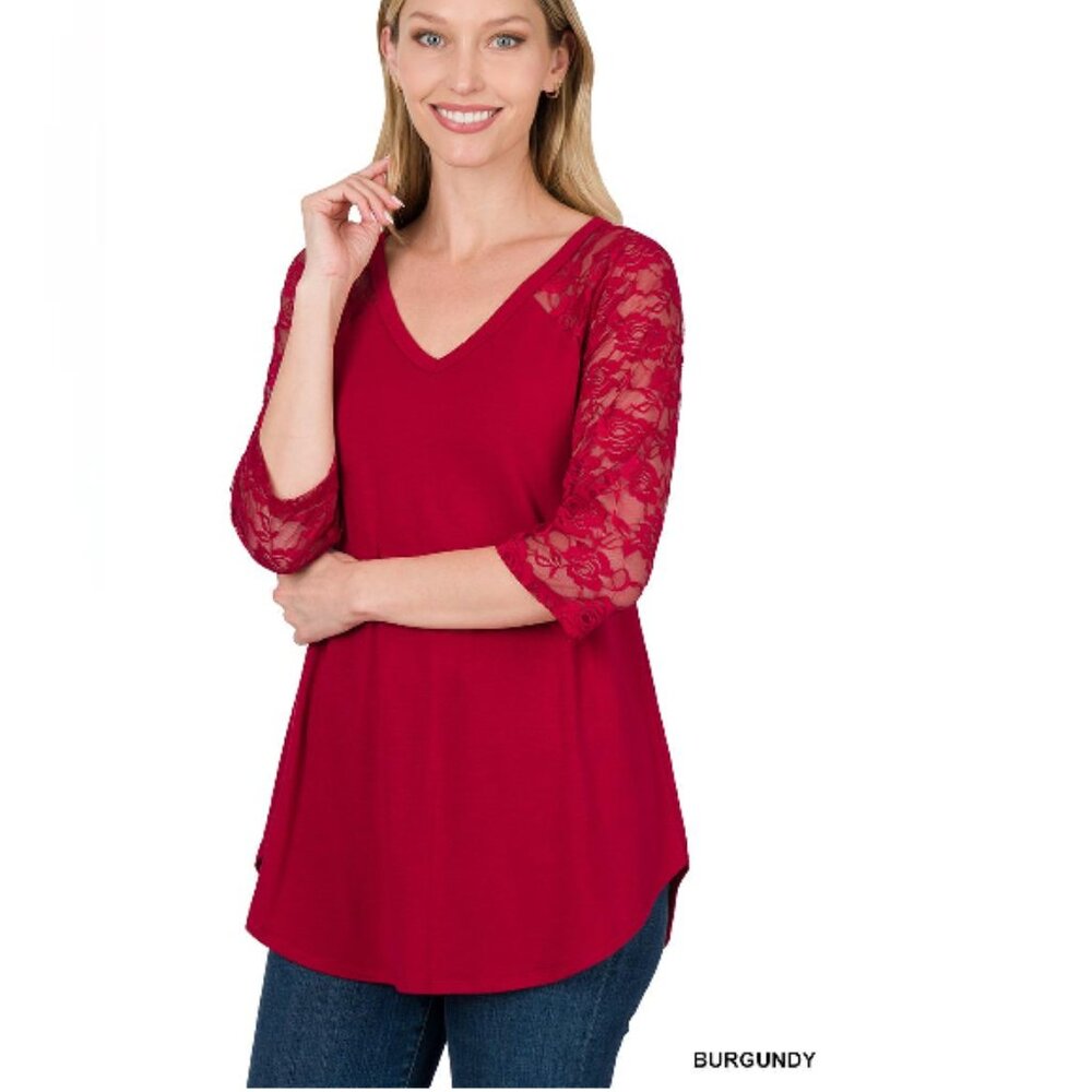 Zenana Women's V-Neck Lace 3/4 Sleeve Round Hem Blouse Top Tunic S-3X Burgundy